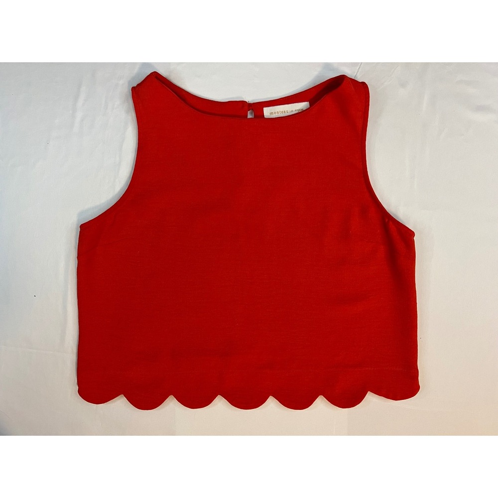 Monteau Los Angeles Womens Red Scalloped Hem Sleeveless Crop Top Small